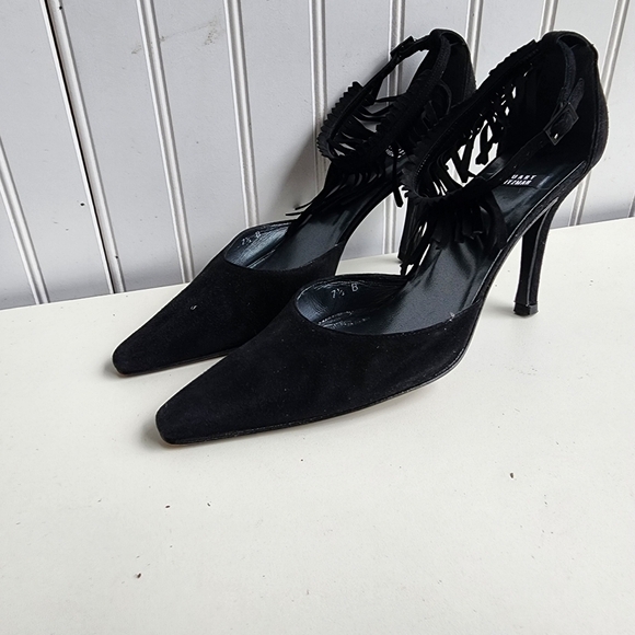 RARE Stuart Weitzman Fringelica Suede Point Toe Pump Black Ankle Strap Heel 7.5 - Picture 6 of 16